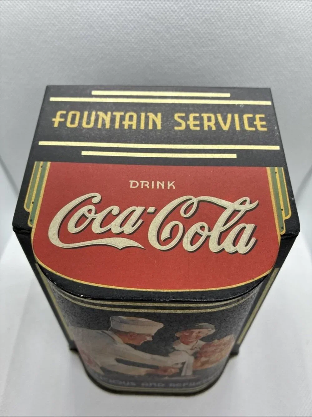 Vintage Coca Cola Fountain Service Tin Hinged Lid Bristolware 1995 Canister